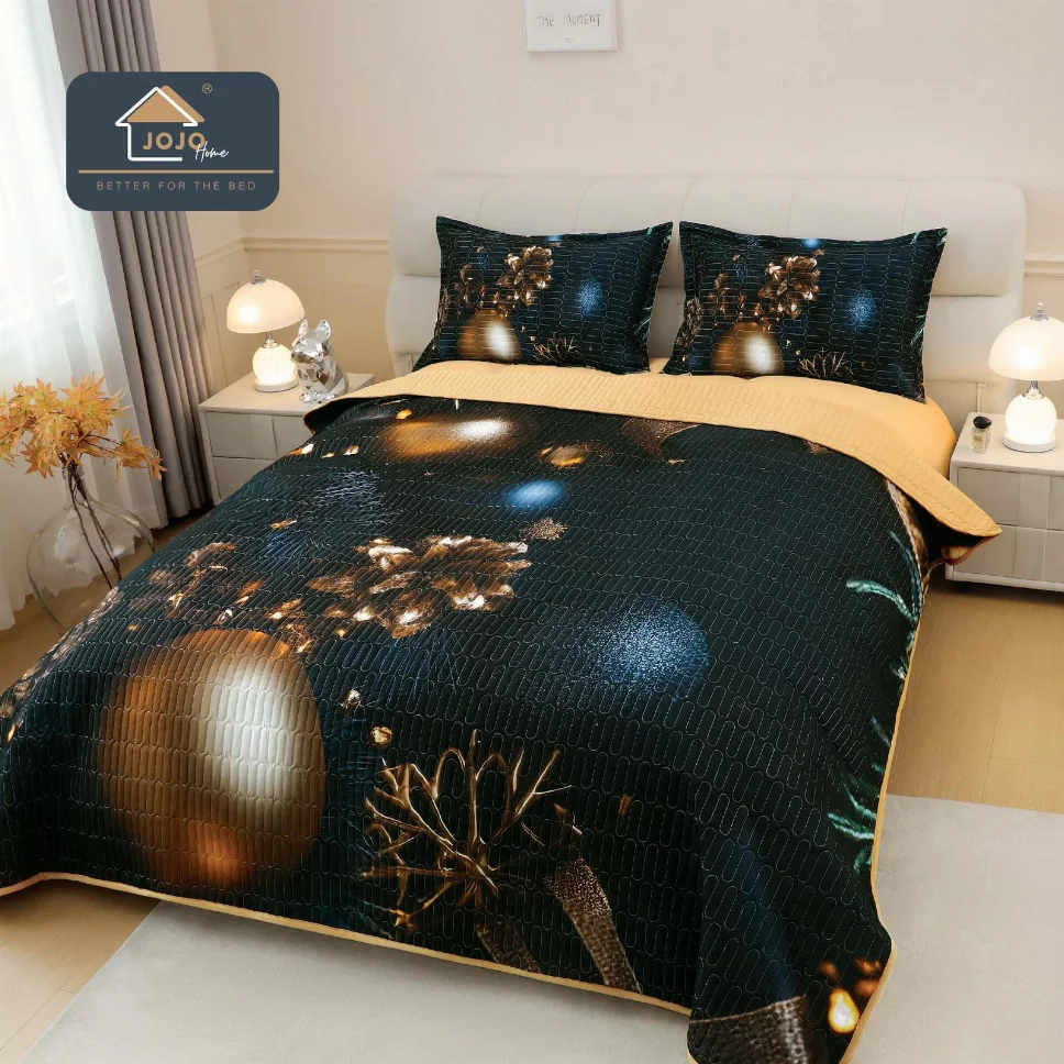 Cuvertura matlasata 3 piese, negru cu globuri aurii sclipitoare-CVM10 [1]