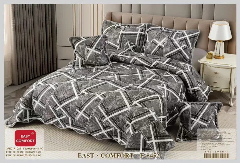 Cuvertura matlasata din bumbac 5 piese, gri cu linii albe abstracte-ES452 [1]