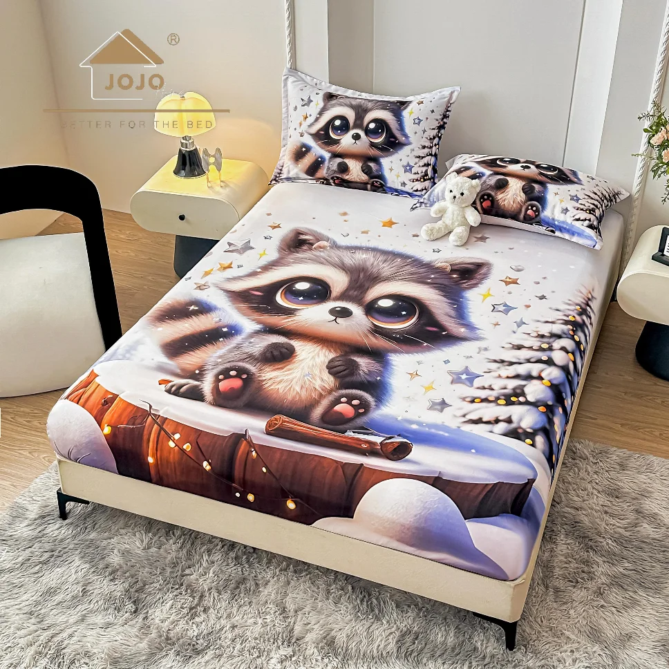 Husa de pat cu Elastic 5D,160x200 cm, alb cu ratoni drăgălași și stele-E18 [1]