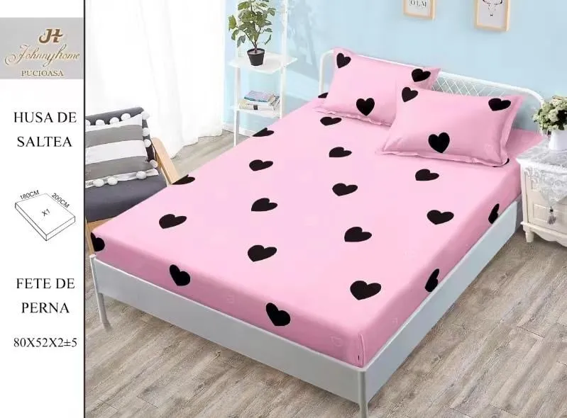 Husa de pat din Finet cu elastic+ 2 fete  de perna 180x200 ,Roz Inimi -HG237 [1]