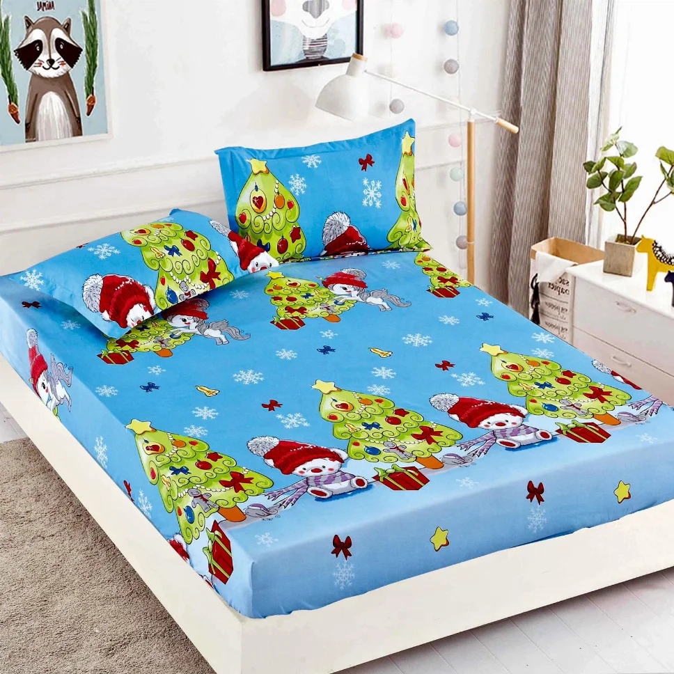 Husa de pat din Finet cu elastic, albastru cu brazi si fulgi-HMJ3 [1]