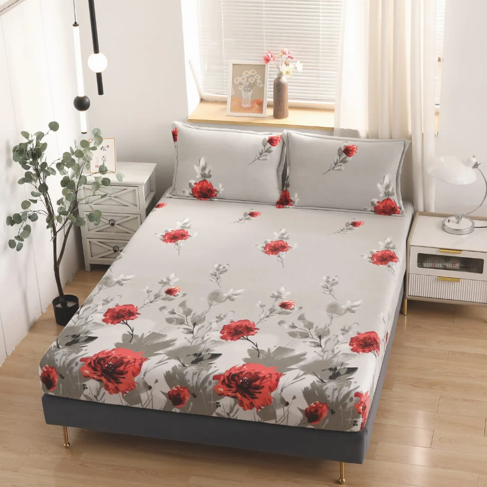 Huse de pat cocolino 180x200 cm, gri cu flori rosii si verzi-HJC146 [1]