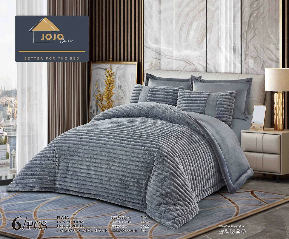 Lenjerie cu Pilota din Blanita artificiala de iepure si cearceaf cu elastic ,6 piese, texturat fin pe tonuri de gri-PBJ12 [1]