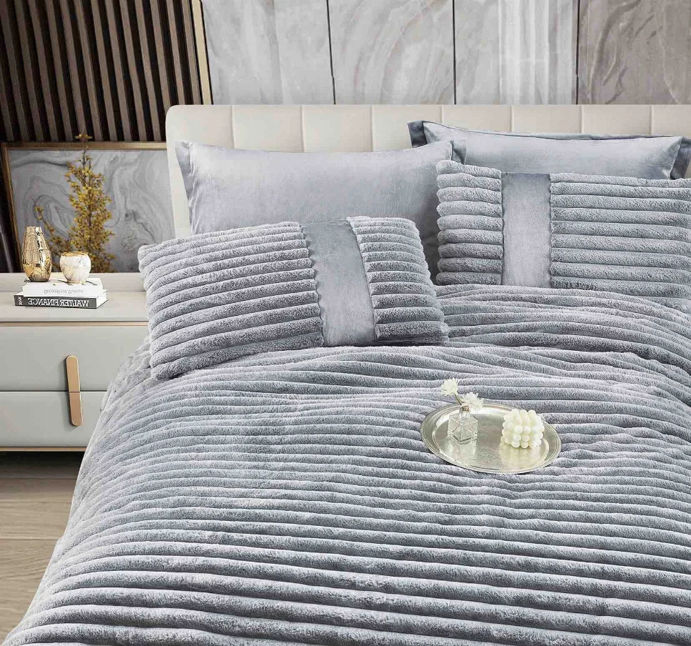 Lenjerie cu Pilota din Blanita artificiala de iepure si cearceaf cu elastic ,6 piese, texturată gri deschis-PBJ19 [2]