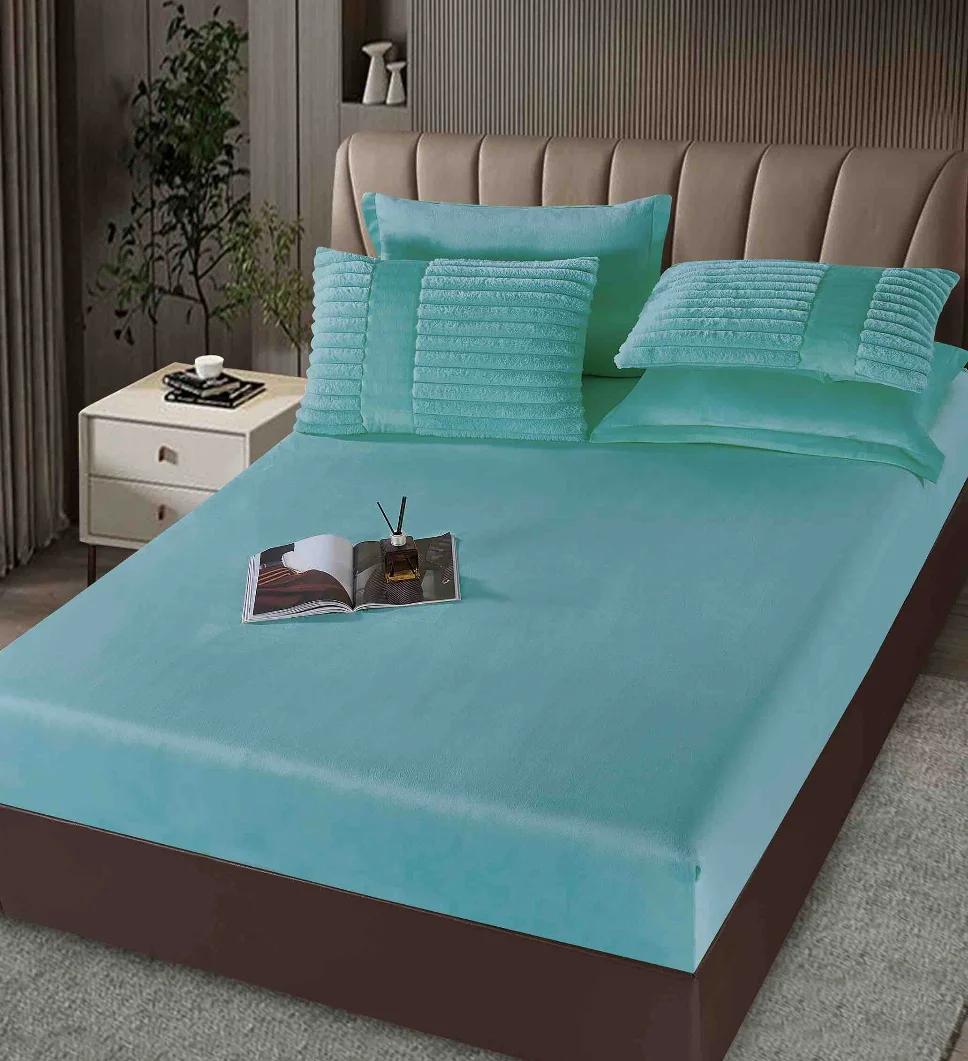 Lenjerie cu Pilota din Blanita artificiala de iepure si cearceaf cu elastic ,6 piese, turcoaz cu striatii discrete-PBJ16 [3]