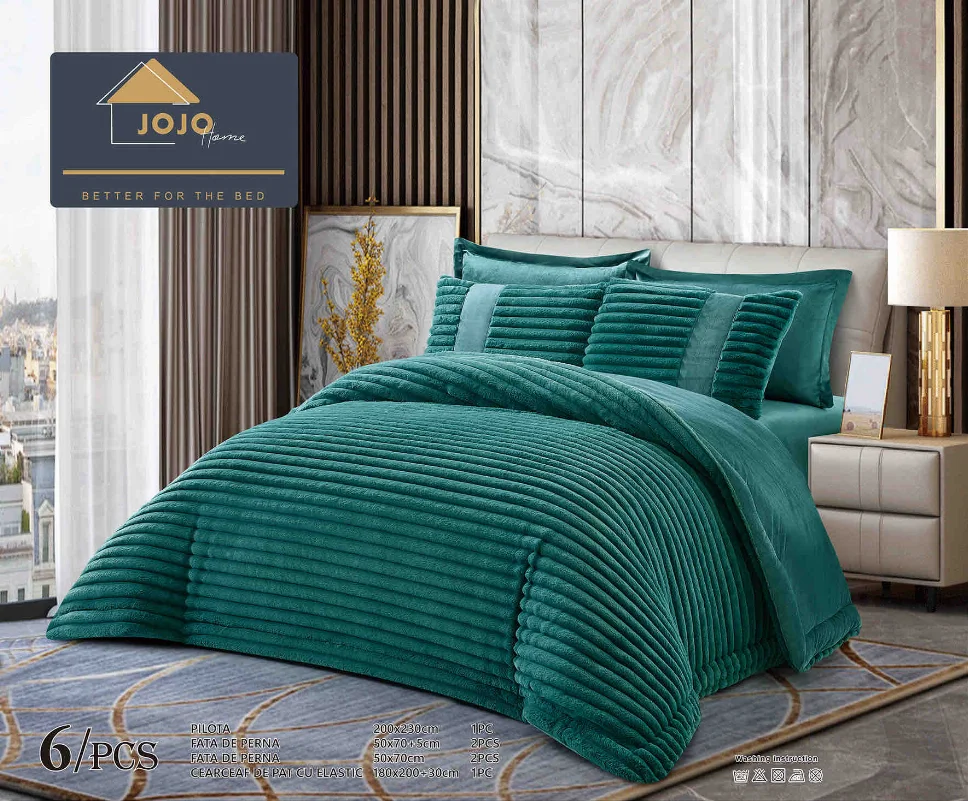 Lenjerie cu Pilota din Blanita artificiala de iepure si cearceaf cu elastic ,6 piese, verde smarald, textură reiată-PBJ18 [1]