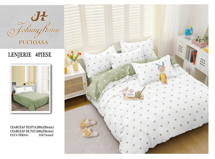 Lenjerie de pat 4 piese cu buline, bumbac satinat, alb și verde-BS690 [2]