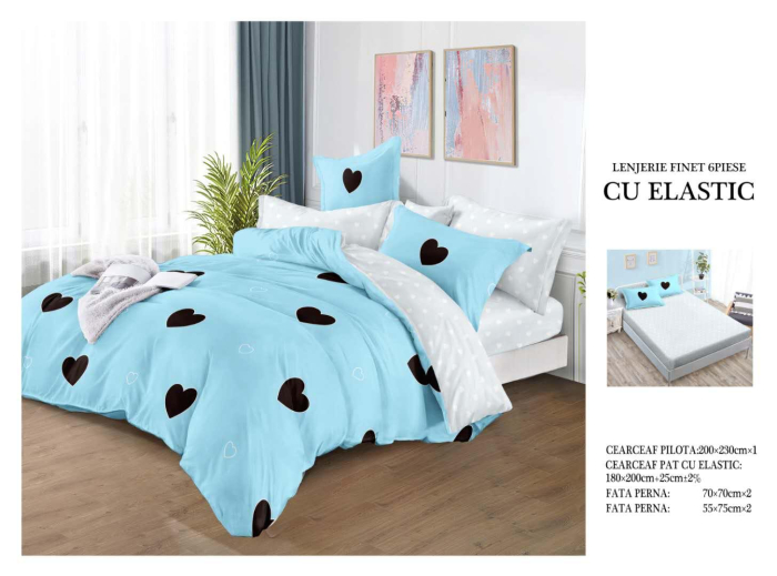 Lenjerie de pat 6 piese cu elastic, model inimioare, albastru și alb-T03 [2]