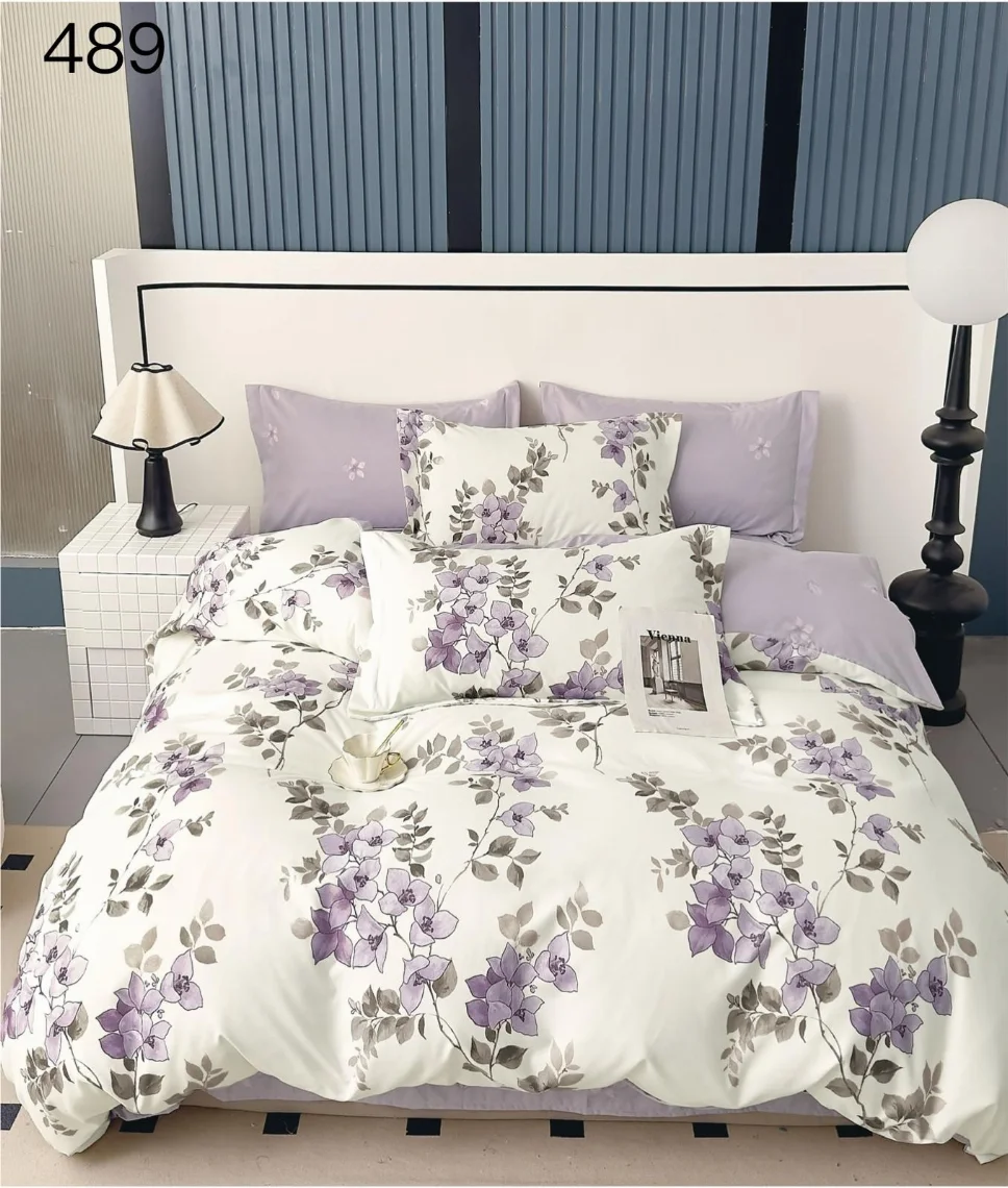 Lenjerie de pat 6 piese finet, alb cu flori mov delicate-GR489 [1]