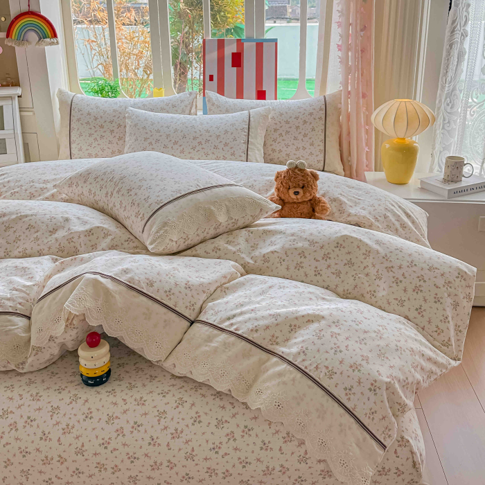 Lenjerie de pat bumbac 100% cu Elastic si broderie,4 piese crem cu floricele delicate și broderie-BJ18 [3]
