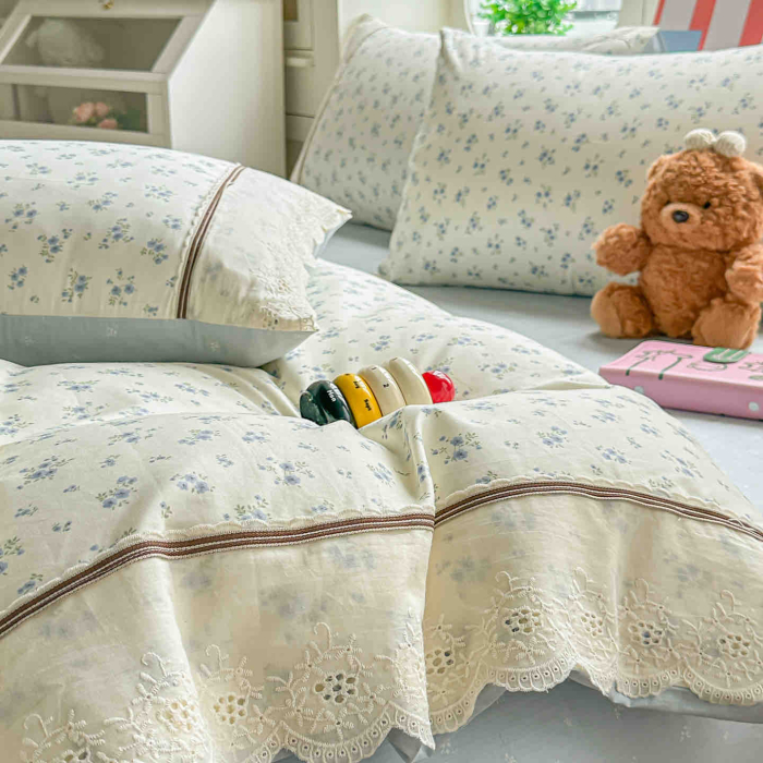 Lenjerie de pat bumbac 100% cu Elastic si broderie,4 piese crem cu floricele mici în stil clasic-BJ1 [4]
