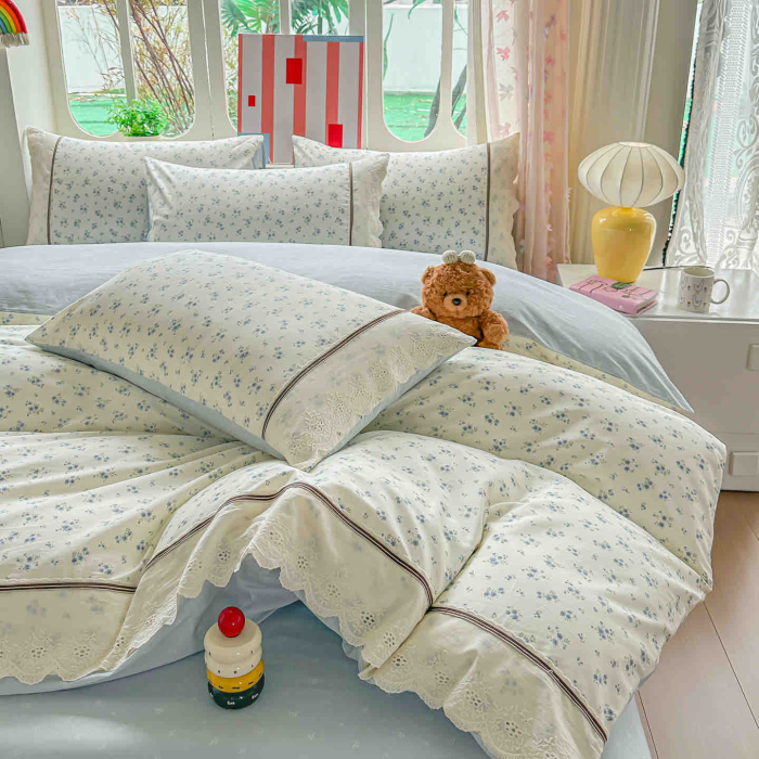 Lenjerie de pat bumbac 100% cu Elastic si broderie,4 piese crem cu floricele mici în stil clasic-BJ1 [5]