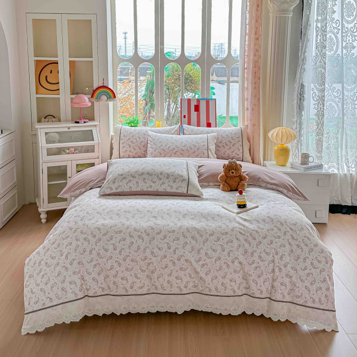 Lenjerie de pat bumbac 100% cu Elastic si broderie,4 piese Crem cu paisley roz, detalii dantela-BJ2 [5]