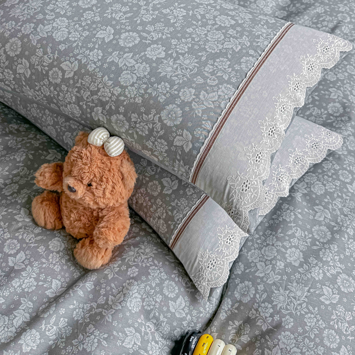 Lenjerie de pat bumbac 100% cu Elastic si broderie,4 piese gri cu flori baroc-BJ5 [3]