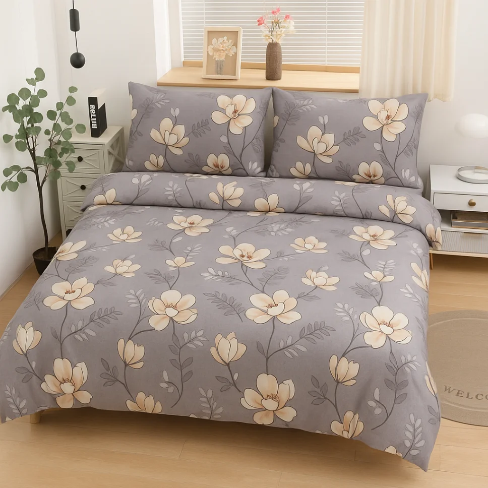 Lenjerie de pat Cocolino 4 piese, gri cu flori crem-LN35 [1]