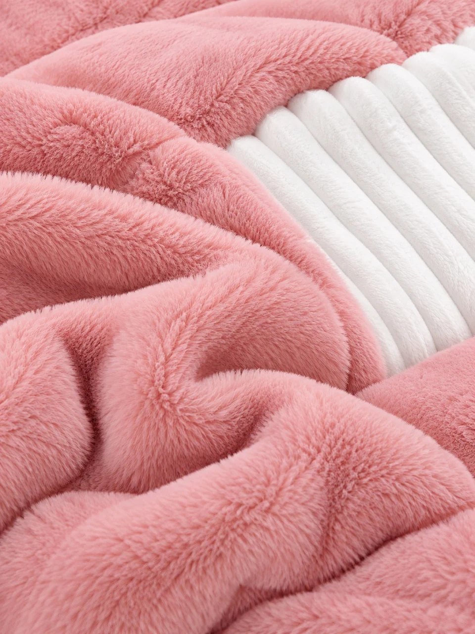 Lenjerie de pat cu Pilota Inclusa, Cearceaf cu Elastic, 6 Piese, Blană de Iepure Artificială roz cu alb, design dungi plisate-RBY2 [3]