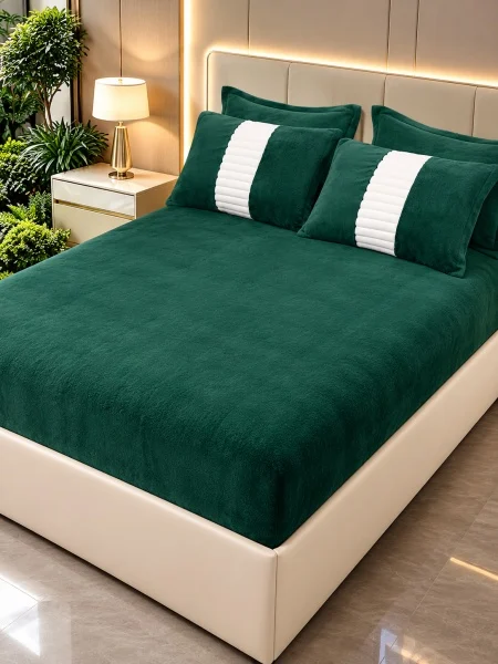 Lenjerie de pat cu Pilota Inclusa, Cearceaf cu Elastic, 6 Piese, Blană de Iepure Artificială Verde cu alb, cu textura pufos-RBY4 [2]