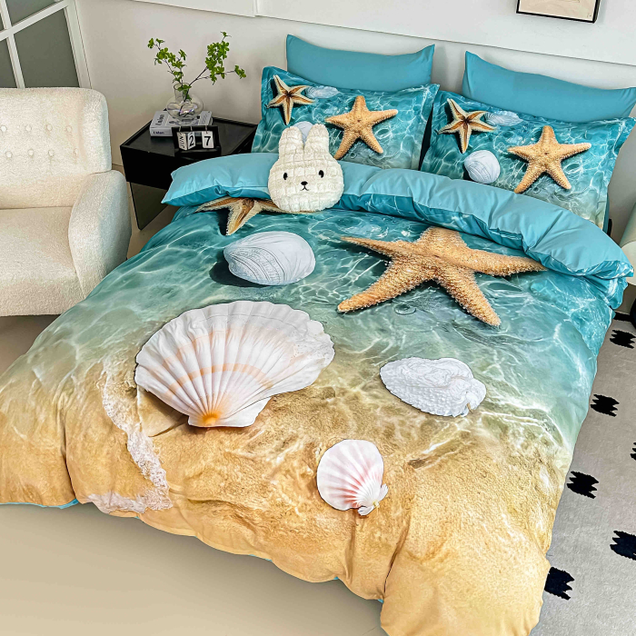 Lenjerie de pat din finet 5D cu Elastic albastru ocean cu stelute de mare si cochilii albe-BD40 [4]