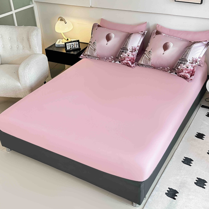Lenjerie de pat din finet 5D cu Elastic roz cu trandafiri și monumente pariziene-BD39 [2]