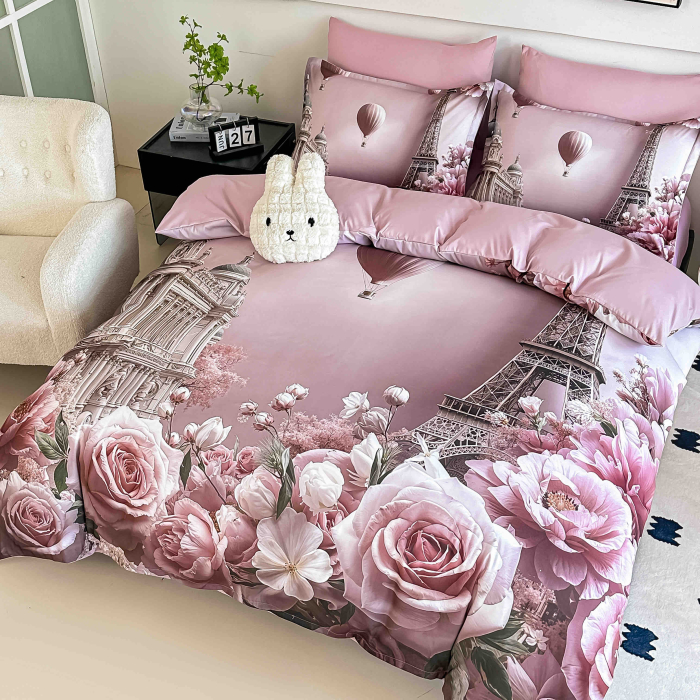 Lenjerie de pat din finet 5D cu Elastic roz cu trandafiri și monumente pariziene-BD39 [4]