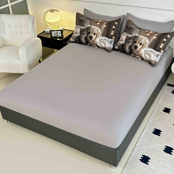 Lenjerie de pat din finet 5D cu Elastic turcoaz gri cu pisică și câine-BD31 [2]