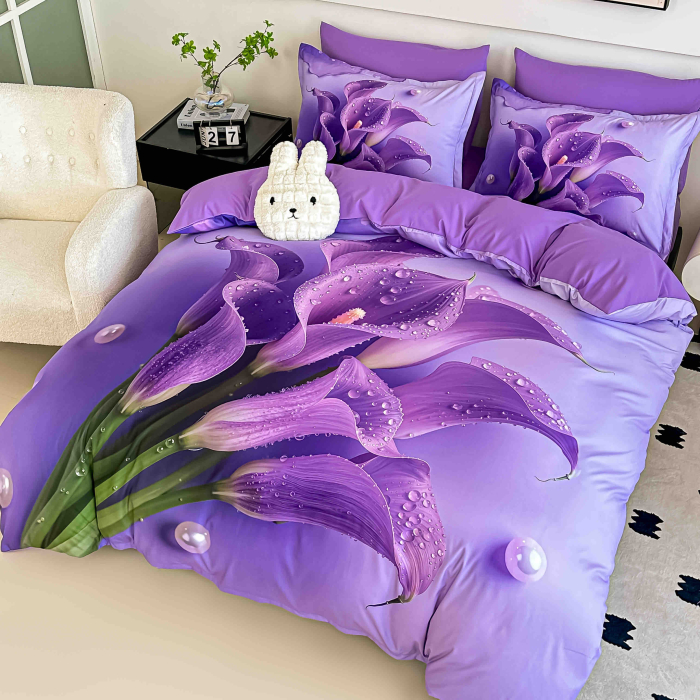 Lenjerie de pat din finet 5D cu Elastic turcoaz mov cu cale violet si picături-BD27 [5]