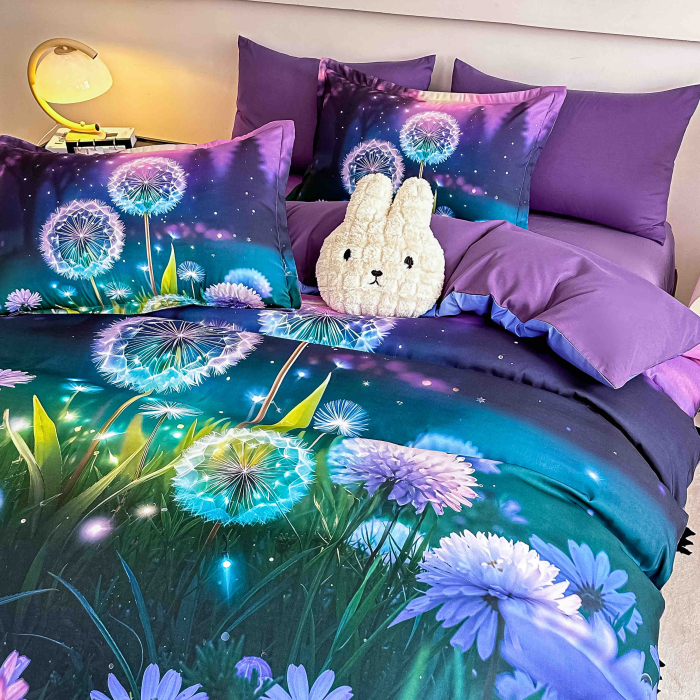 Lenjerie de pat din finet 5D cu Elastic turcoaz mov cu flori glow și păpădii pe fond negru-BD34 [3]