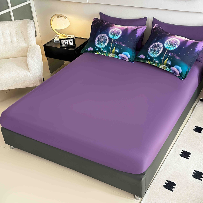 Lenjerie de pat din finet 5D cu Elastic turcoaz mov cu flori glow și păpădii pe fond negru-BD34 [2]