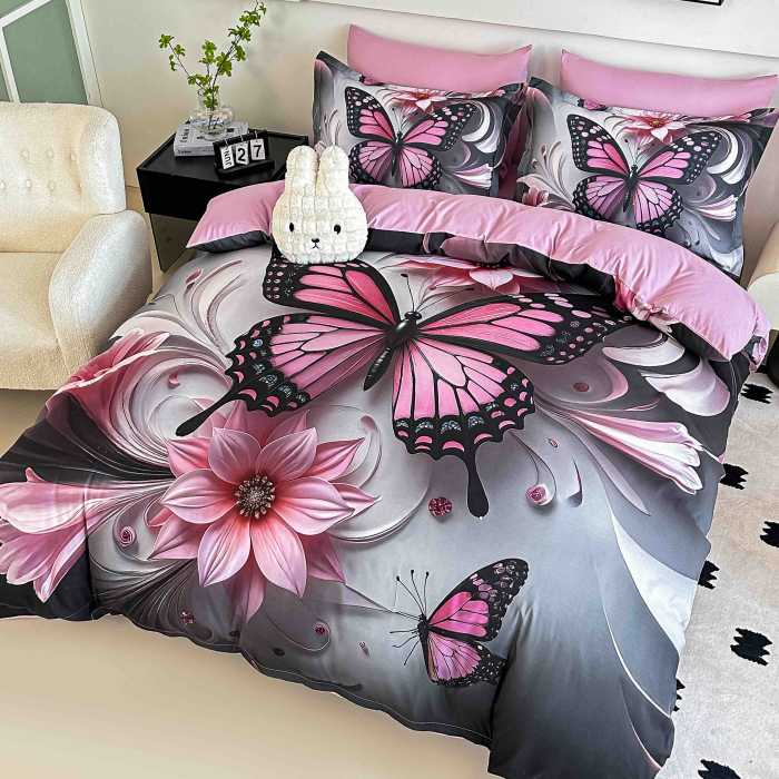 Lenjerie de pat din finet 5D cu Elastic turcoaz Roz cu fluturi și flori în stil artistic-BD37 [4]
