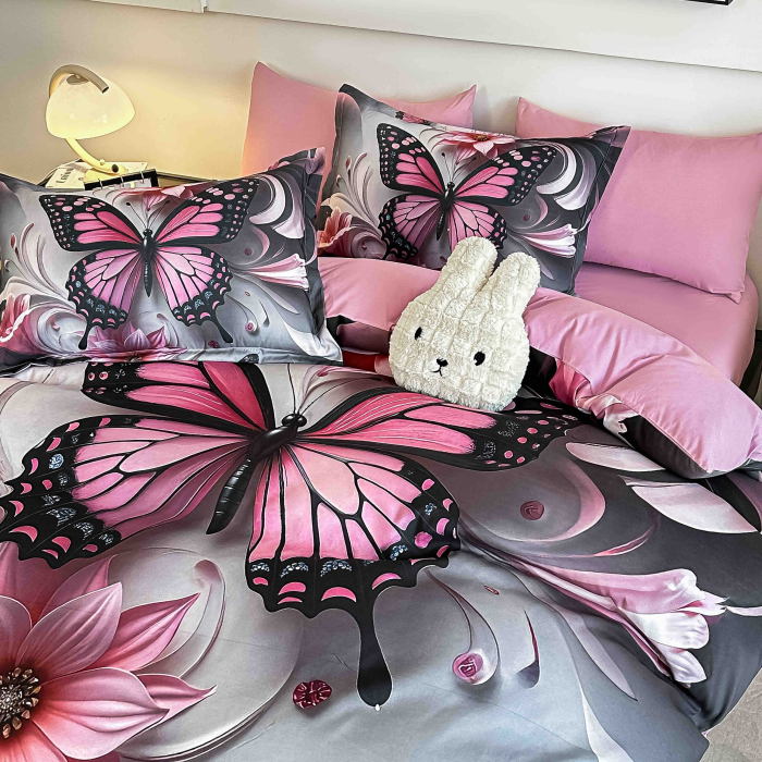 Lenjerie de pat din finet 5D cu Elastic turcoaz Roz cu fluturi și flori în stil artistic-BD37 [3]
