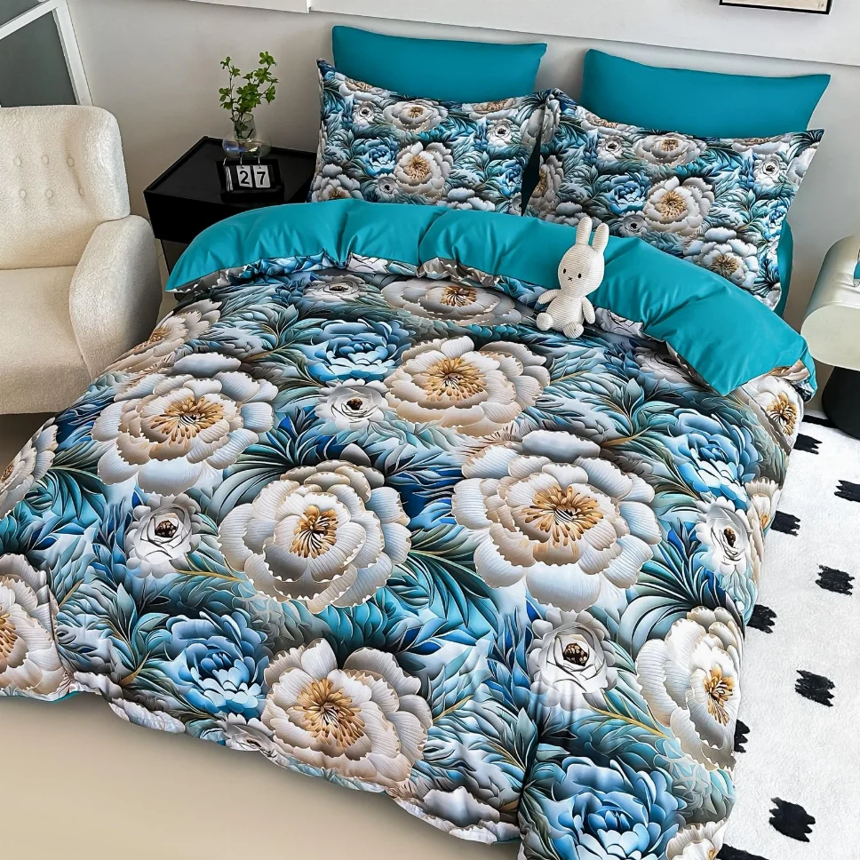 Lenjerie de pat din finet, albastre cu bujori albi și crem-LD6 [1]