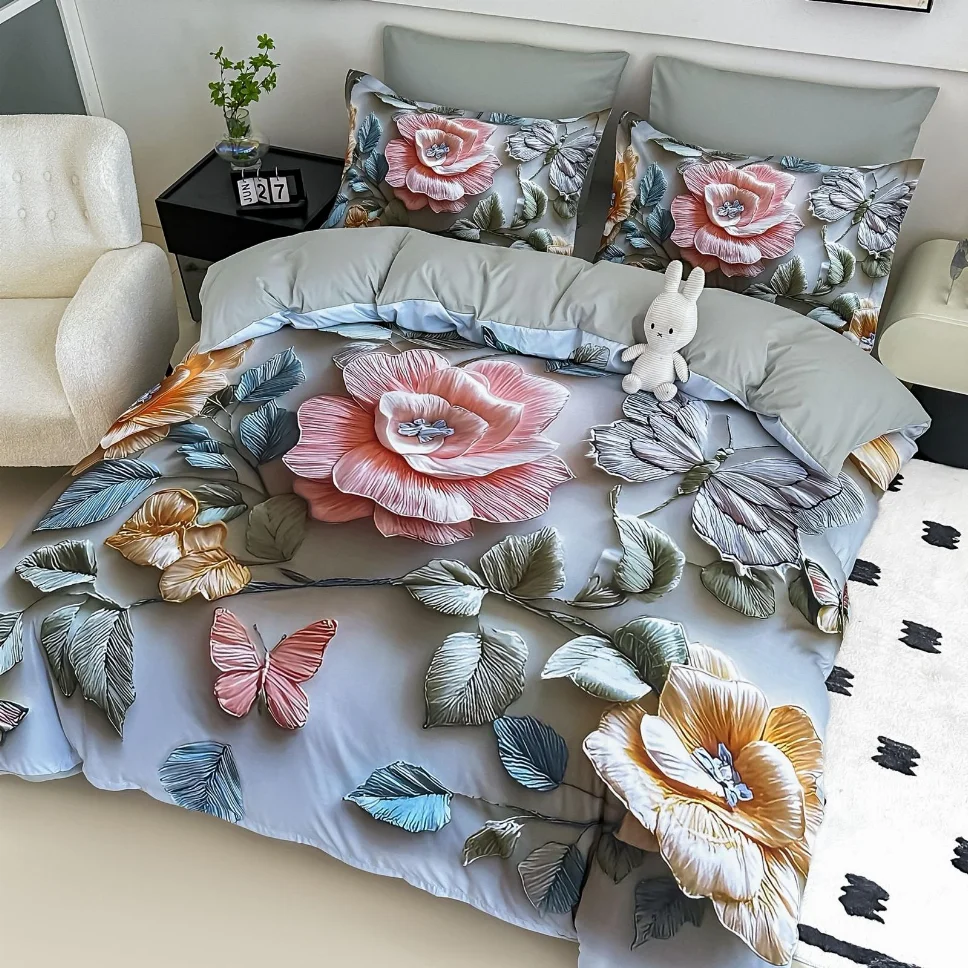 Lenjerie de pat din finet, albastru cu flori 3D roz și gălbui-LD14 [1]