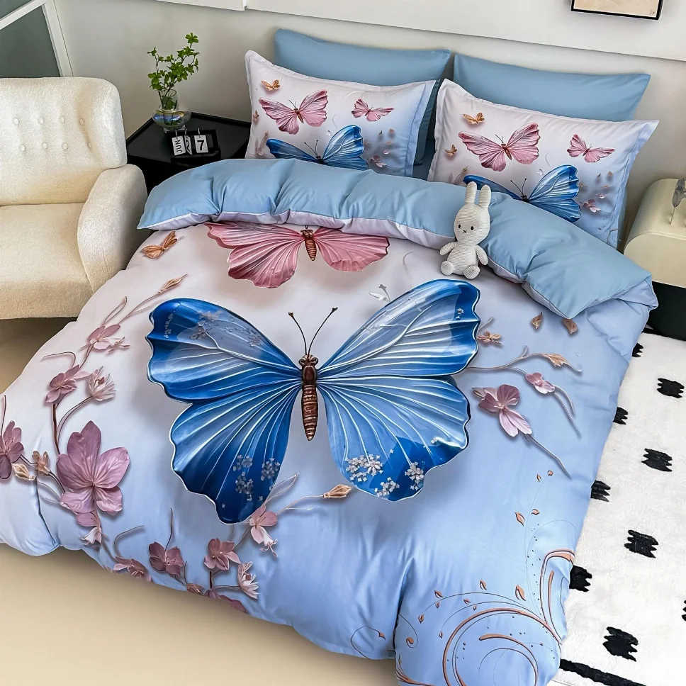 Lenjerie de pat din finet, albastru cu fluturi roz si albastrii-LD5 [1]