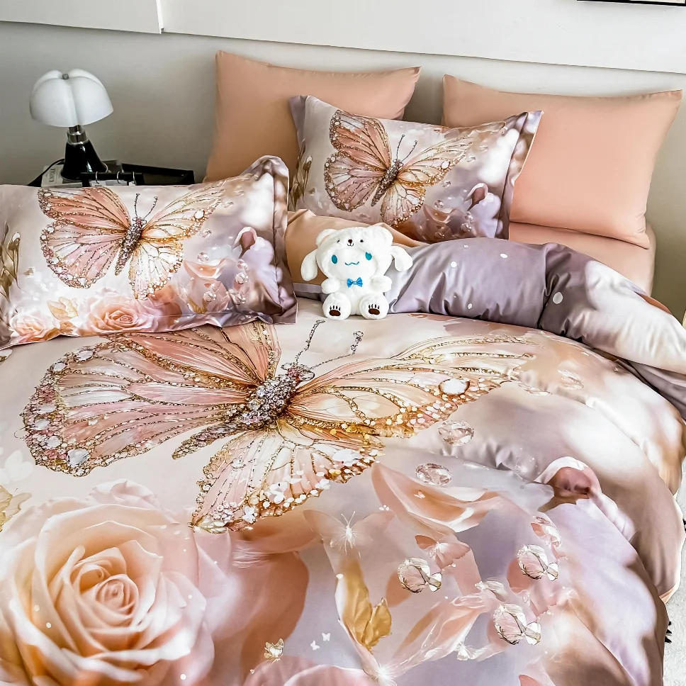 Lenjerie de pat din finet, bej cu fluturi și trandafiri-LD42 [3]