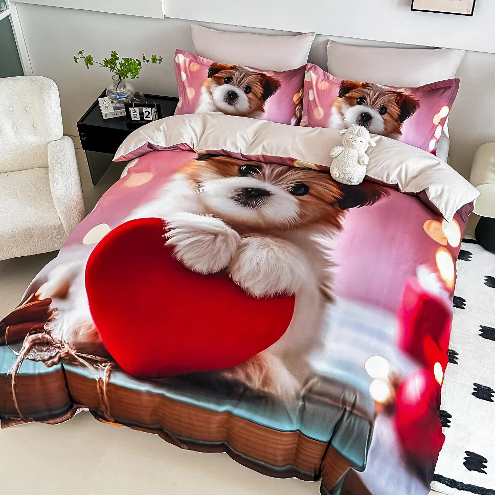 Lenjerie de pat din finet, cu cățeluș și inimă roșie-LD43 [1]