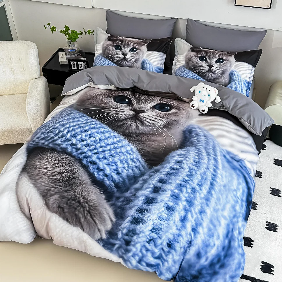 Lenjerie de pat din finet, cu pisici jucăușe și tricotaj albastru-LD39 [1]