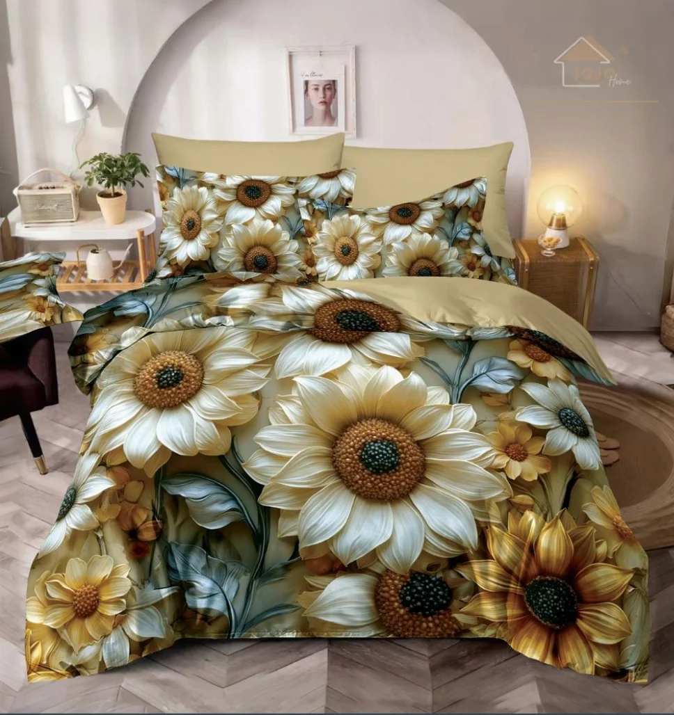 Lenjerie de pat din finet, galbene cu flori supradimensionate-LD9 [1]