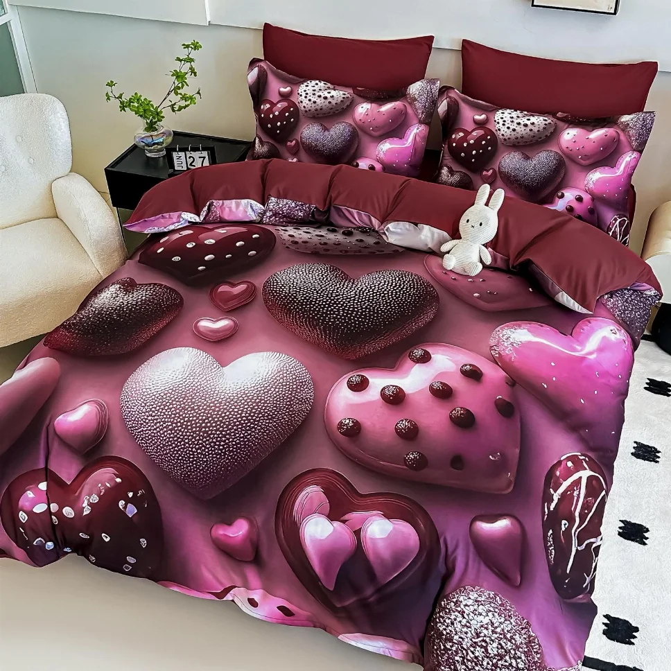 Lenjerie de pat din finet, roșu cu inimioare lucioase-LD7 [1]