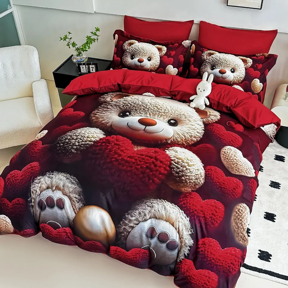 Lenjerie de pat din finet, roșu cu ursuleți simpatici și inimioare-LD4 [1]