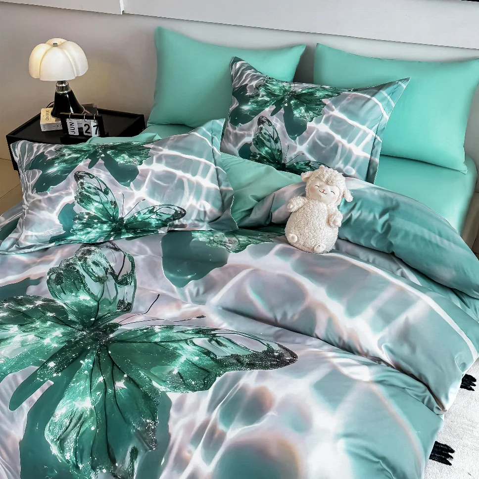 Lenjerie de pat din finet, verde cu fluturi strălucitori-LD44 [3]
