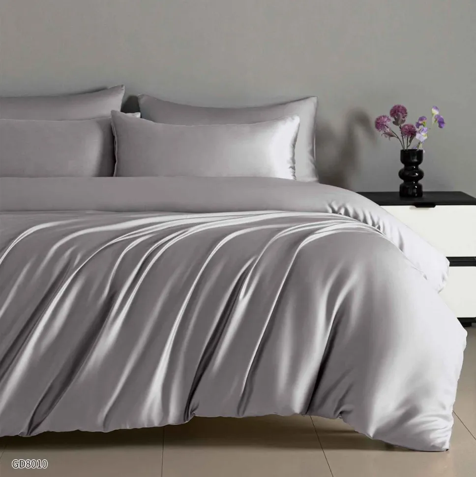 Lenjerie de pat din satin cu 4 piese și cearceaf cu elastic, gri uni, fin și lucios-GD8010 [1]