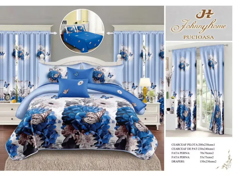 Lenjerie de pat Finet, 6 piese+ 2 Draperii CADOU,Flori-FD24 [1]