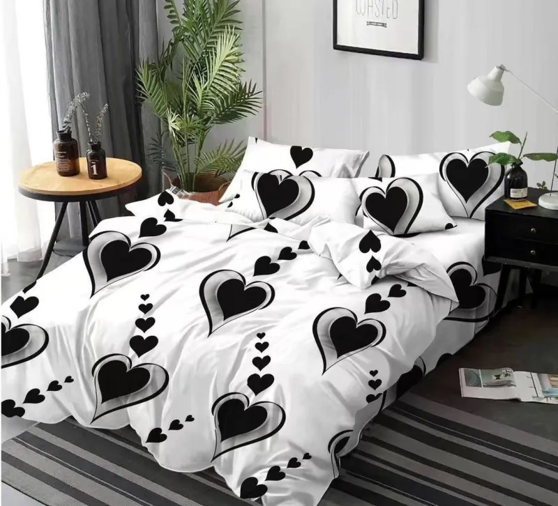 Lenjerie de pat Finet  6 piese,Alb cu Inimioare negre-KY72 [1]