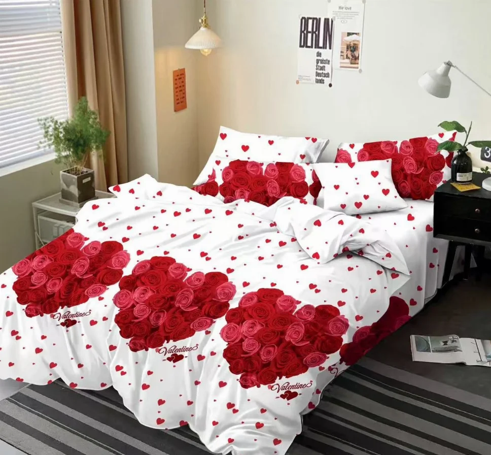 Lenjerie de pat Finet 6 piese, alb cu inimioare și trandafiri roșii-KY108 [1]
