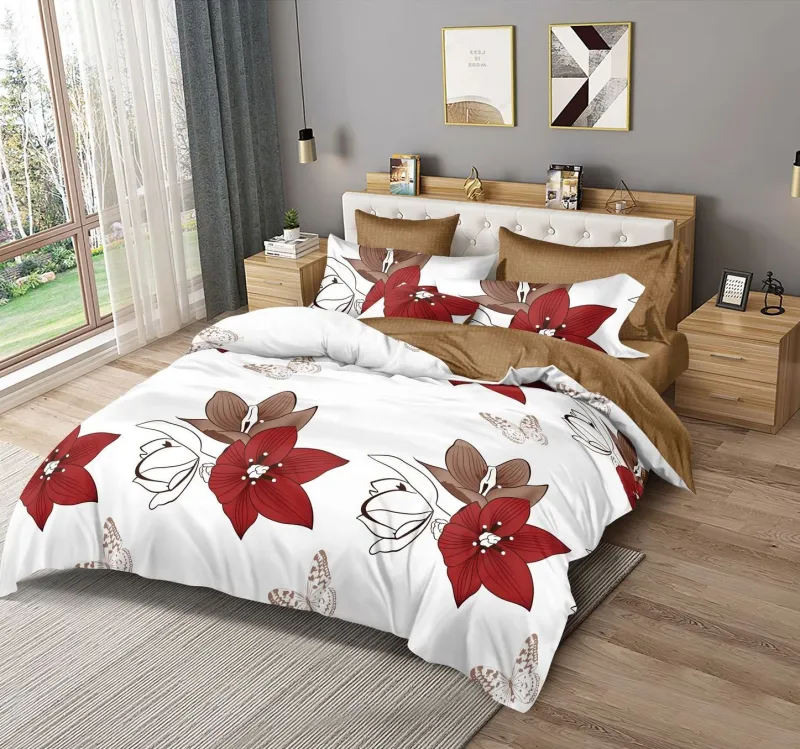 Lenjerie de pat Finet  6 piese,Alb/Maro cu flori rosii-KY10 [1]