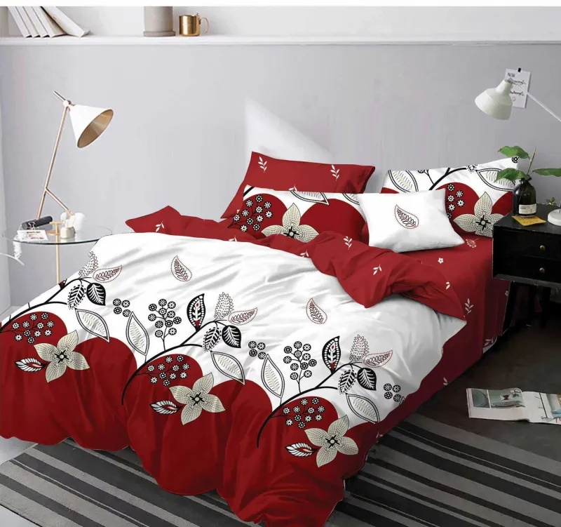 Lenjerie de pat Finet  6 piese,Alb/Rosu cu flori si frunze-KY74 [1]