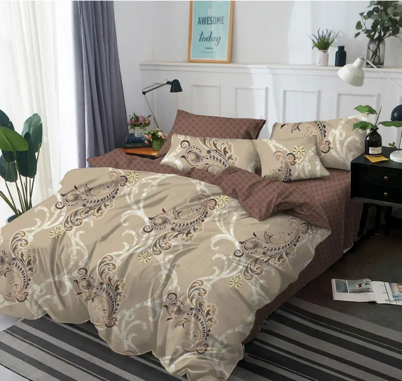Lenjerie de pat Finet  6 piese,Bej/Maro cu frunze stilizate-KY81 [1]