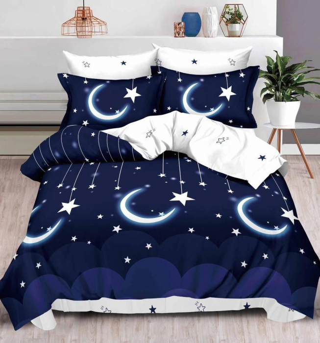 Lenjerie de pat Finet Pucioasa 6 piese,Bleumarin/Alb,Luna si stele -R256 [1]