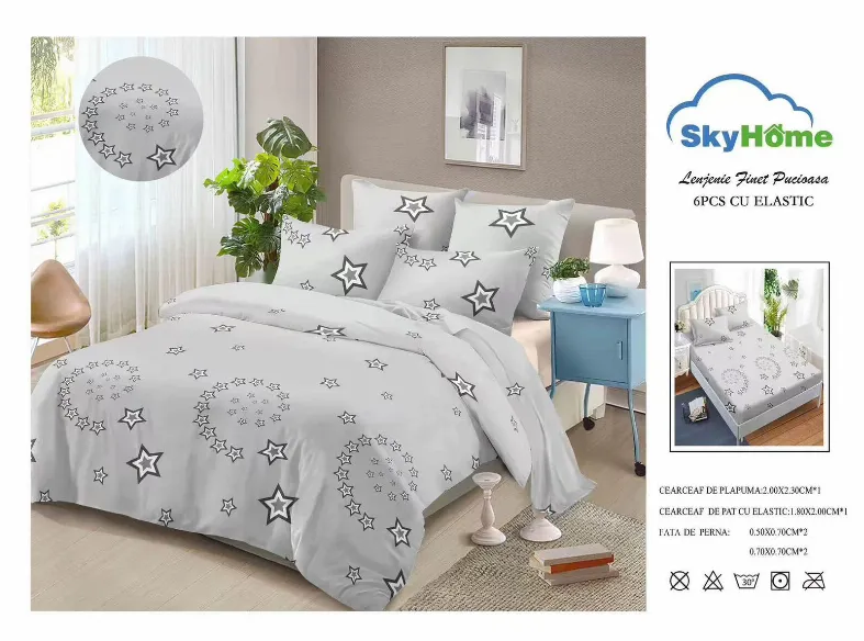 Lenjerii de pat Finet 6 piese cu Elastic, gri cu stele albe si gri-SKE21 [1]
