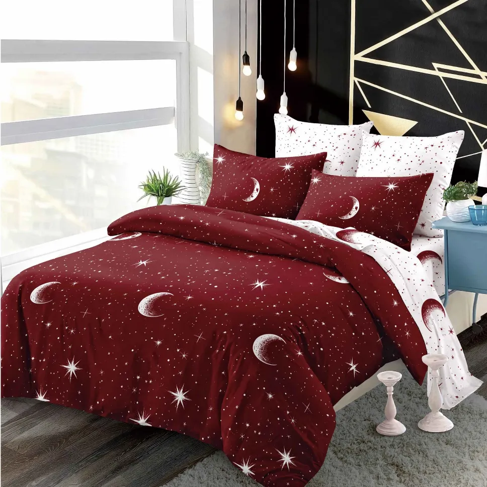 Lenjerii de pat Finet 6 piese cu Elastic, roșu cu lună și stele-FEL265 [1]